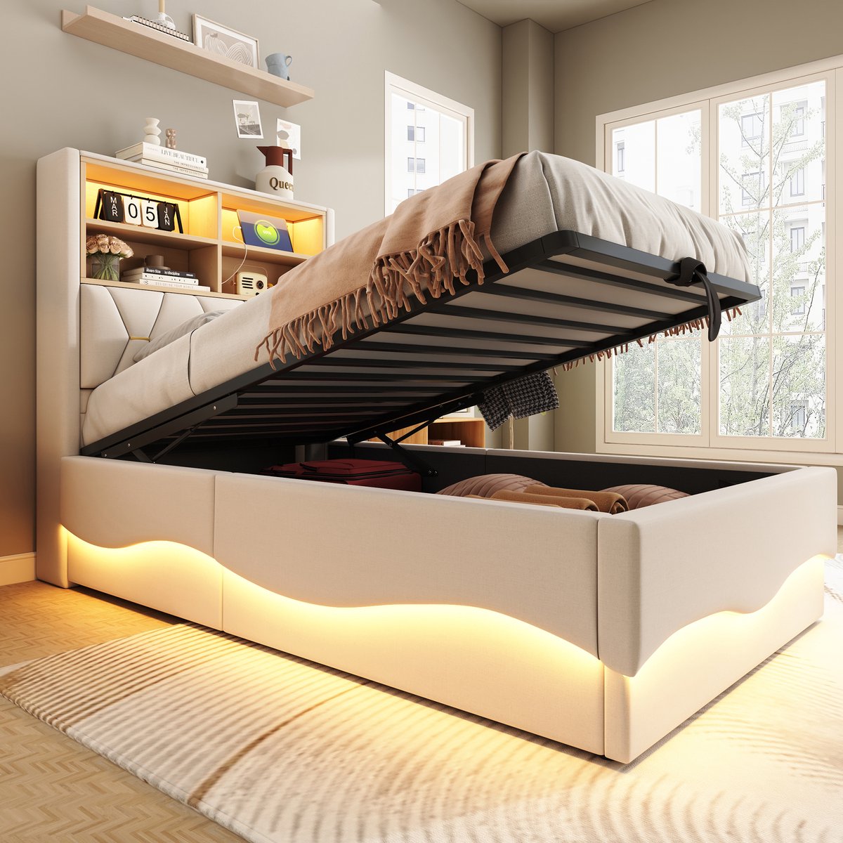 AURA LUMEN Gestoffeerd bed Eenpersoonsbed 90 x 200 cm met hydraulisch opbergruimte LED-lampband appgestuurd USB-ladeaansluiting leinenstof beige