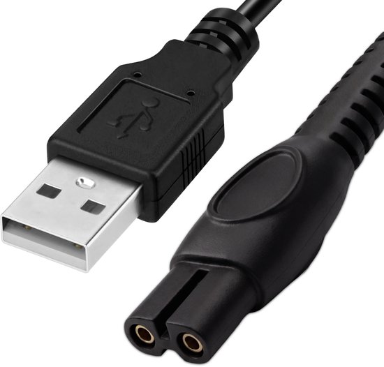 Close-up van een zwarte USB-oplaadkabel met aan het ene uiteinde een USB-A-connector en aan het andere een specifieke 2-pins connector.