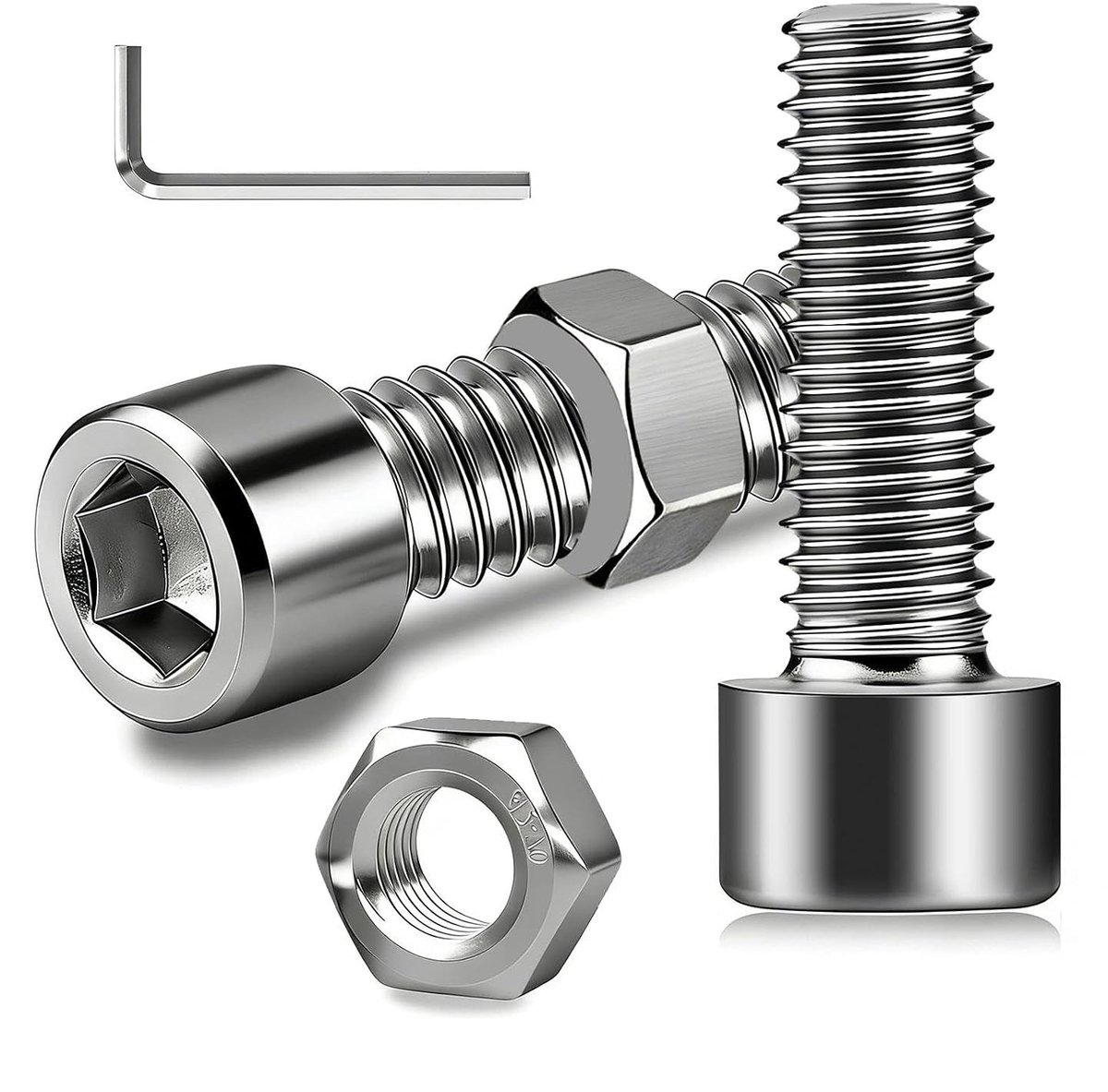Cilinderschroeven moeren set, 50 stuks cilinderschroeven met binnenzeskant, M3 x 16 mm schroeven roestvrij staal DIN 912 schroeven met moeren, volledige schroefdraad met inbussleutel voor