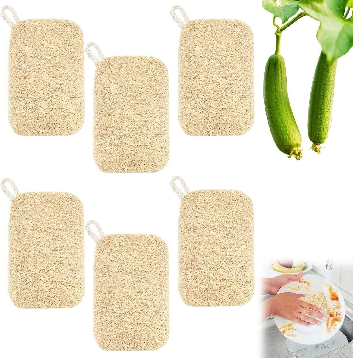 Set van 6 loofah sponsen met luffa zeepdispenser 9 x 14 cm, vuilafstotend en duurzaam