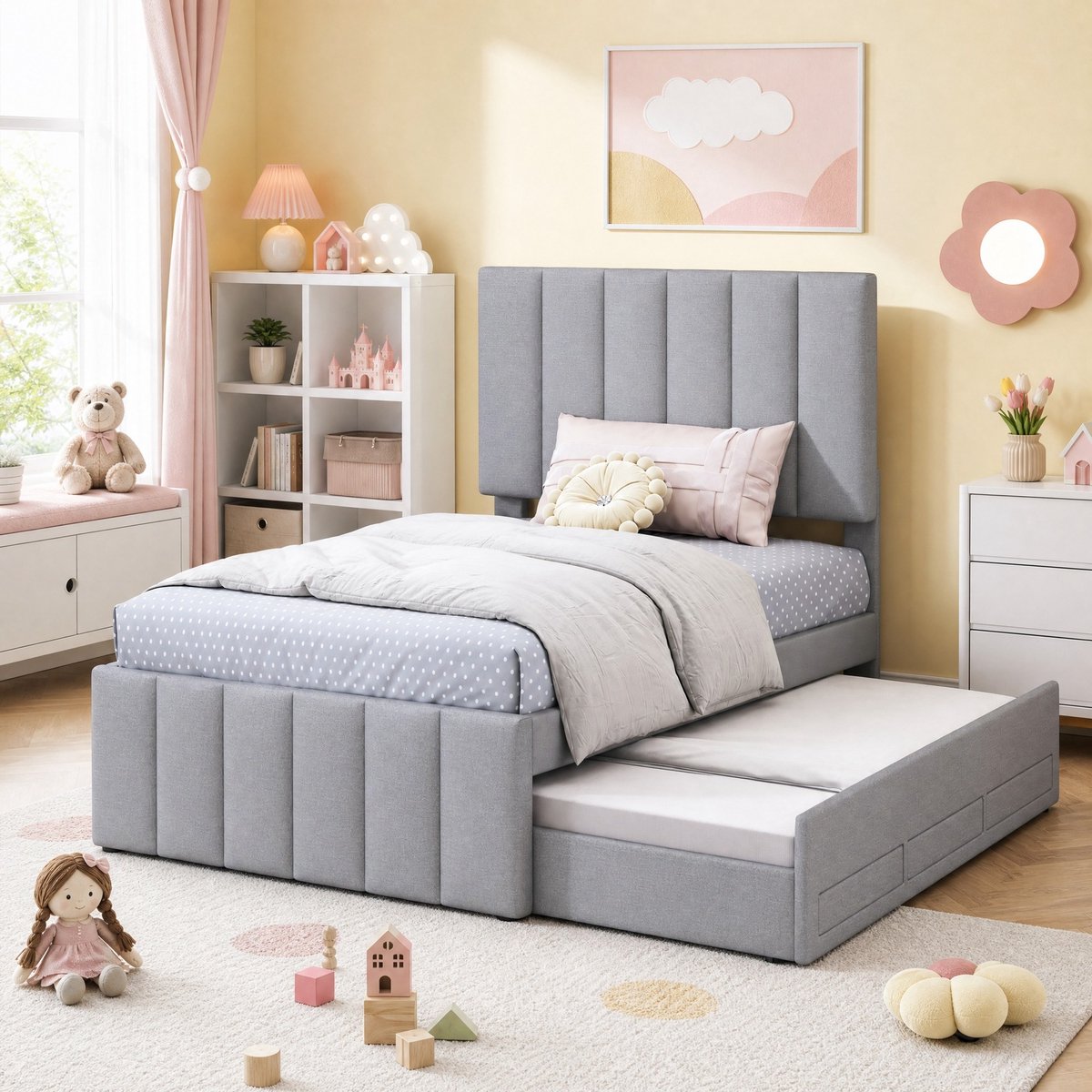 WUVRIE Gestoffeerd eenpersoonsbed 90x200 cm met uitschuifbed, 3 lades en verstelbaar hoofdeinde, grijs