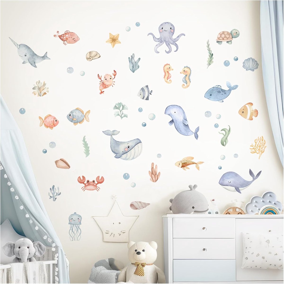 Wandsticker zeedieren 52 stuks - kinderkamer decoratie - onderwater thema - eenvoudig aan te brengen - ShopVlot