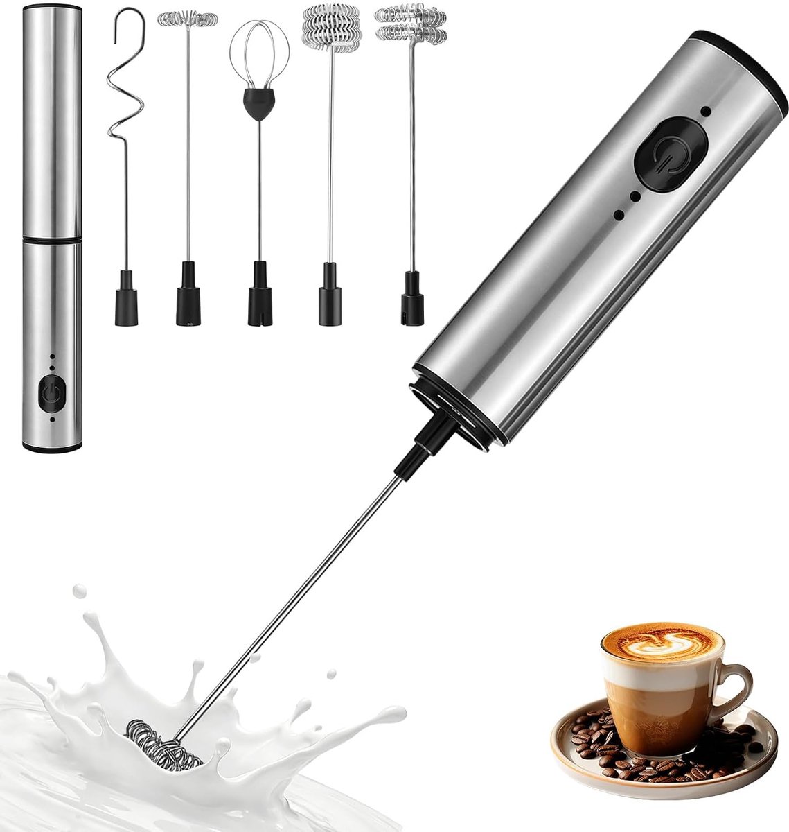 Elektrische melkopschuimer, USB C, 3 snelheden, 5 accessoires, 800 mAh - ShopVlot