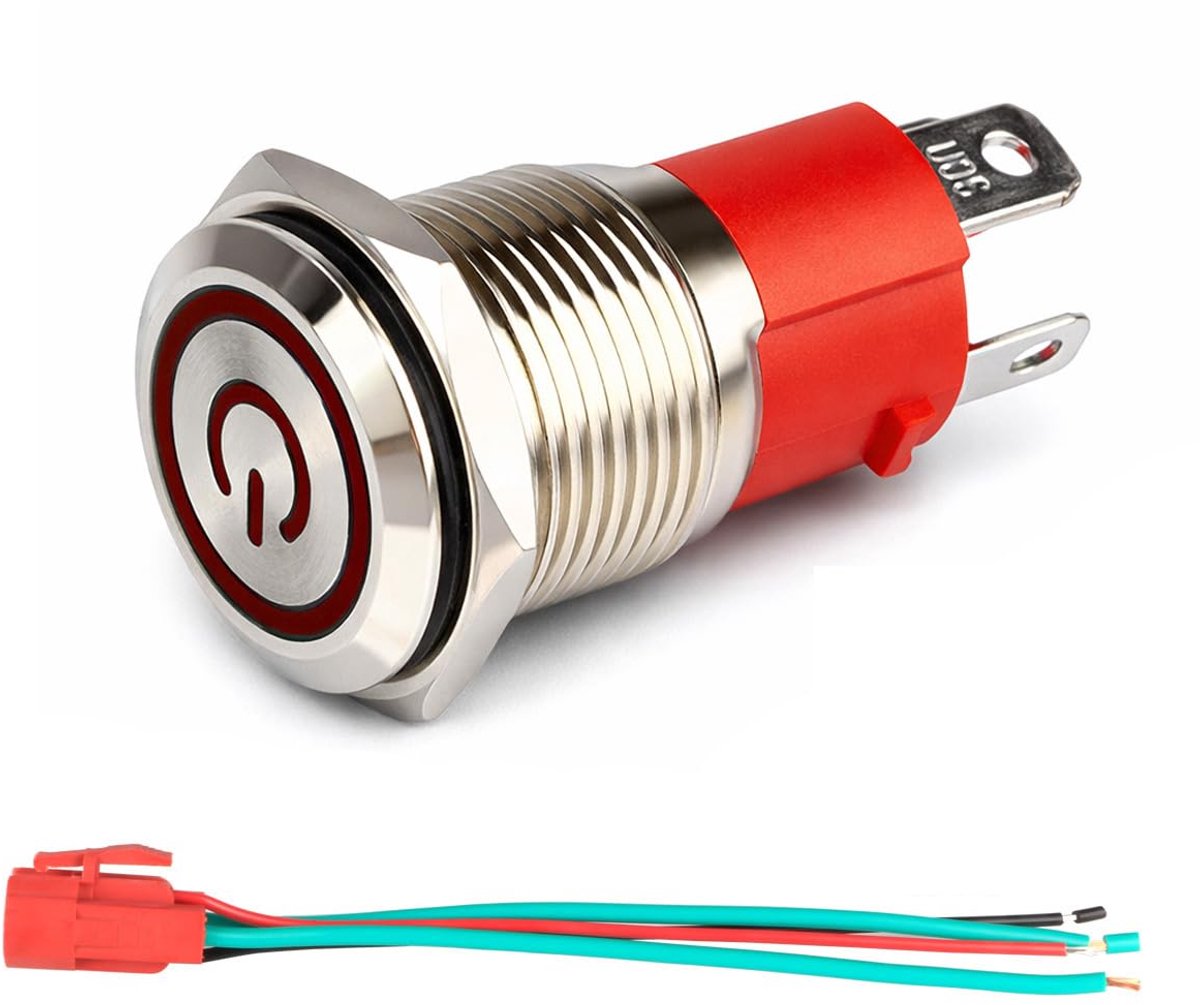 GUUZI 12V-24V / 15A Locking Push Button NO Waterproof Red LED Lamp Illuminated 16mm Metal Start Button with Power - ShopVlot