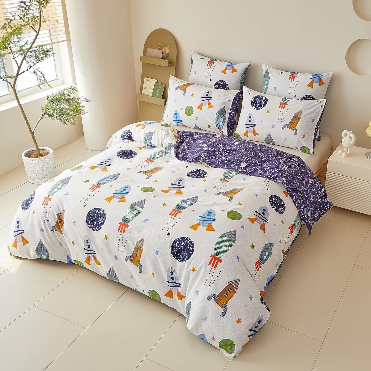 Beddengoed voor kinderen, 135 x 200 cm, raketplaneet, kinderbeddengoed, 100% katoen, omkeerbaar beddengoed, 2-delig, voor jongeren, kinderen, jongens, met ritssluiting en kussensloop van 80 x