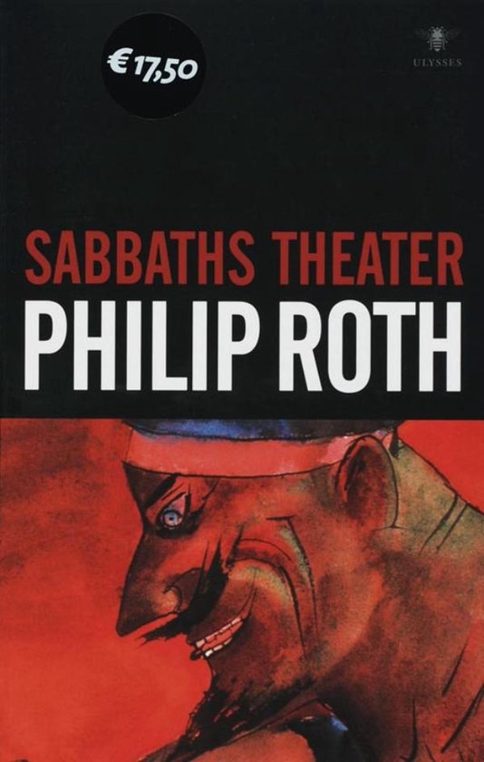 Boek "Sabbaths Theater" van Philip Roth met een afbeelding van een schilderij van een man met een baard en een rode achtergrond. Prijs: €17,50.