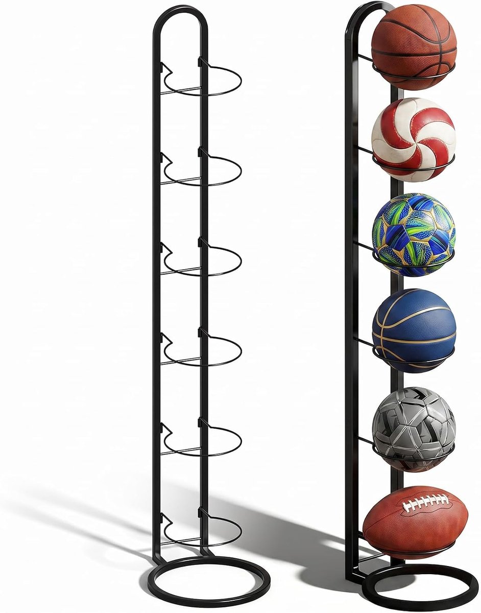Balstandaard met 6 niveaus, zwart, verticale balhouder, afneembaar balrek, sportuitrusting, organizer, stabiel en - ShopVlot