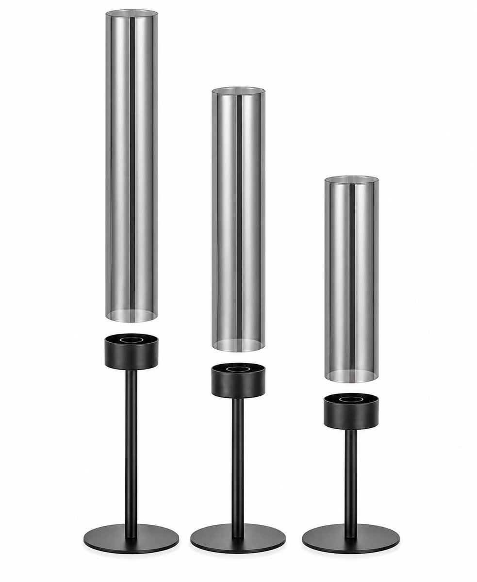 R&H® Kandelaar voor Staaskaarsen Zwart met Rookglas - Set van 3 Metalen Kandelaars met Windlicht - Moderne Tafeldecoratie voor Binnen & Buiten