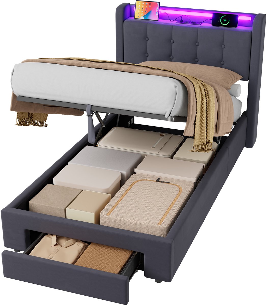 DESMIU Gestoffeerd Jeugdbed 90x200cm Zonder Matras – Bed met Ledverlichting, Usb Oplaadstation, Hydraulische Opbergruimte en Lades – Slaapkamer – Fluweel – Grijs