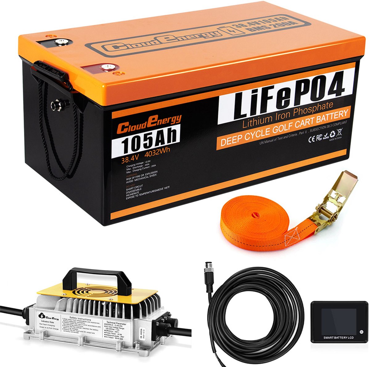 Cloudenergy 36V(38,4V) 105Ah LiFePO4 golfkar-batterij, met 20A lader, 4032Wh energie, ingebouwde 200A Bluetooth BMS, max. belastingsvermogen 8064W, touchmonitor, 6000+ cycli, voor golfkarren en trollingmotoren