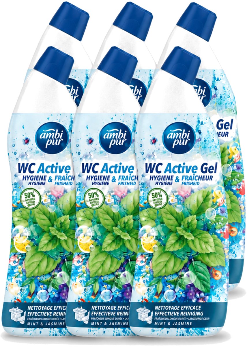 6 x Ambi Pur - Toiletreiniger - WC Active Gel - Mint & Jasmijn - 750 ml - Voordeelverpakking - 6 stuks