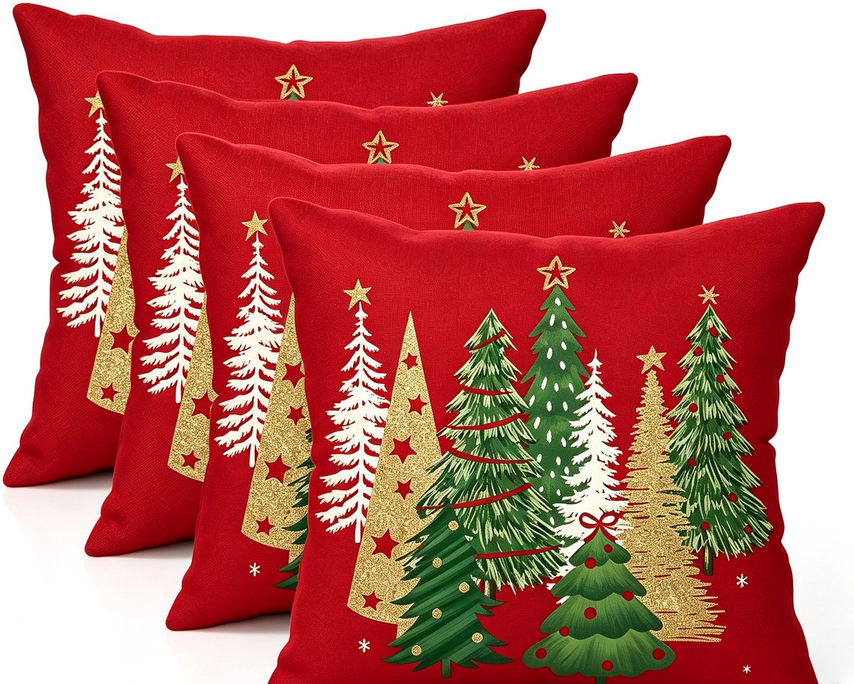 4 Pcs rode decoratieve kerst‑kussenhoezen 45x45 cm (18x18 inch) met kerstboommotief - winterse kerstdecoratie voor huis en bank