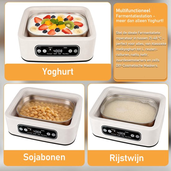 FOSMET Yoghurtmaker - Automatische Yoghurtmachine - Yoghurtautomaat 1.36 liter met 9 potten - Met Timer en Instelbare Temperatuur - OLED Display - Voor zelfgemaakte yoghurt, natto,rijstwijn of andere gefermenteerde producten - Wit — afbeelding 4
