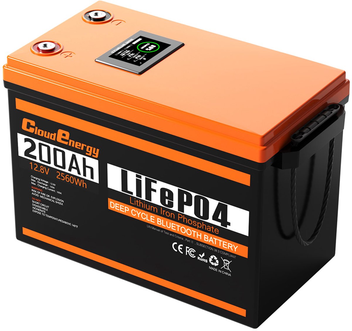 Cloudenergy 12V 200Ah LiFePO4 back-upbatterij, 2560Wh, 6000+ cycli, 100A BMS, LCD, serie/parallel, voor camper, boot, zonne-energie, trollingmotor en off-grid.