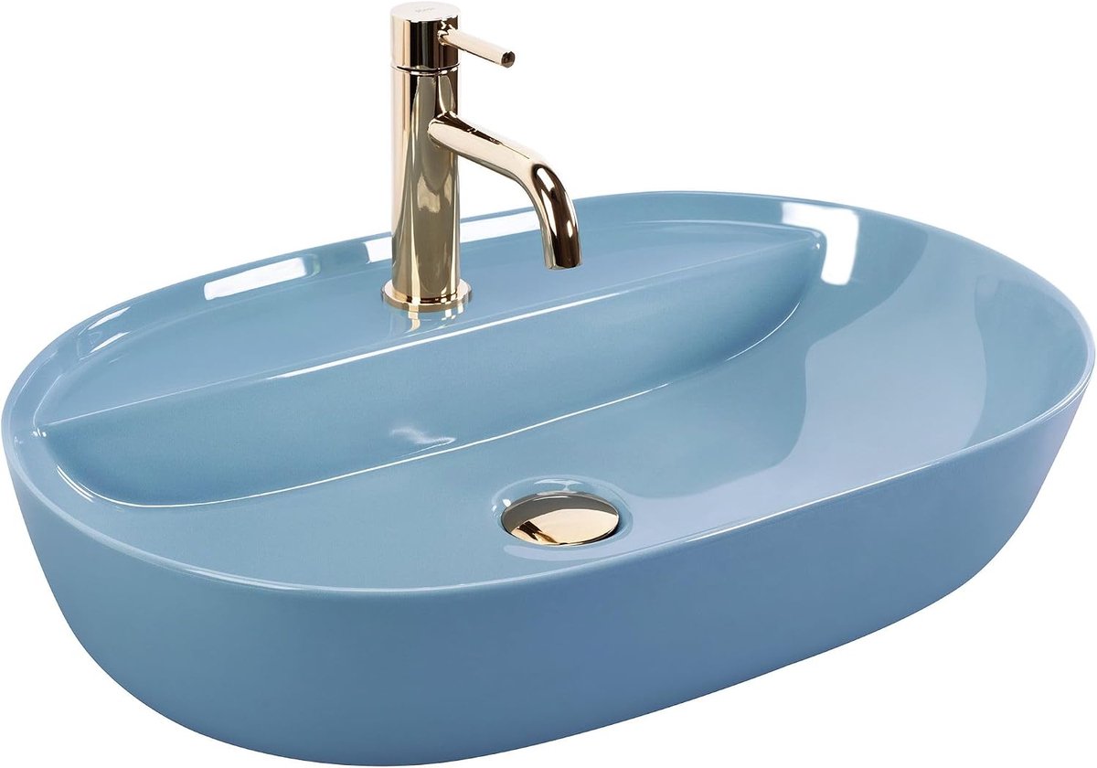 Opzetwastafel Aura 61 L.Blue Shiny wastafel badkamer 61 x 41 x 13 cm keramiek (blauw)