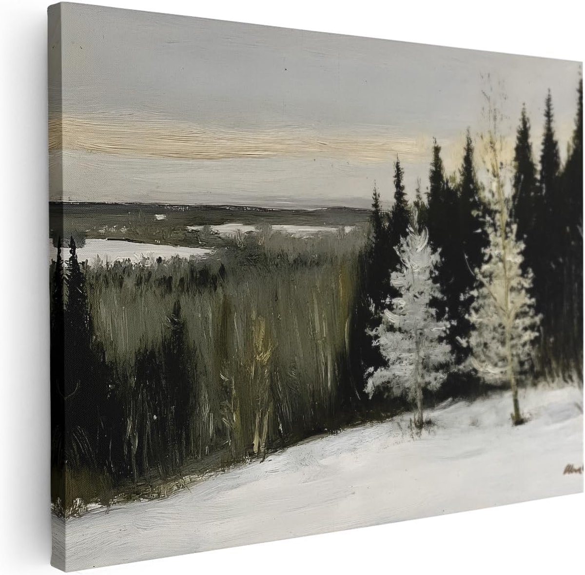Canvas Schilderij Winterlandschap - 80x60 cm - Wanddecoratie Besneeuwd Bos - Muurdecoratie Dennenbomen - Decoratie Natuur Woonkamer