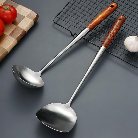 Spatel Set 43cm, RVS Wok Gereedschap met Houten Handvat Hittebestendig, Metalen Spatel en Pollepel, Hoogwaardige Keuken Kookgerei Sets, Wok Accessoires — afbeelding 5