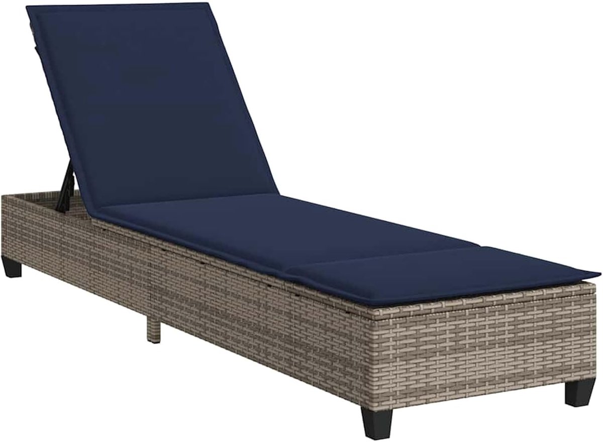 Grijs, 55 x 200 x 25,5 cm, met verstelbare rugleuning en marineblauw polyester kussen, PE-rotan, weerbestendig, uv-bestendig, voor tuin, terras, balkon