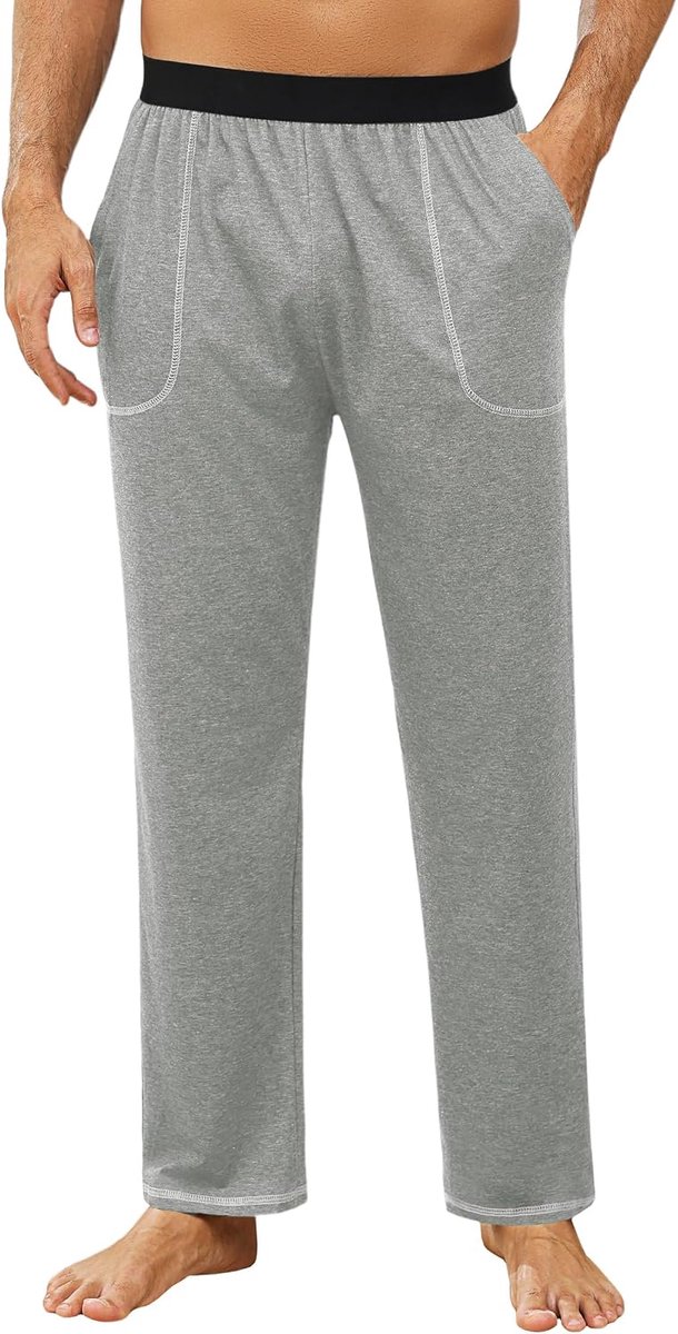 Pyjamabroek voor heren, katoenen broek, lange pyjamabroek, huisbroek met 2 zakken, comfortabele brede effen broek, S-3XL