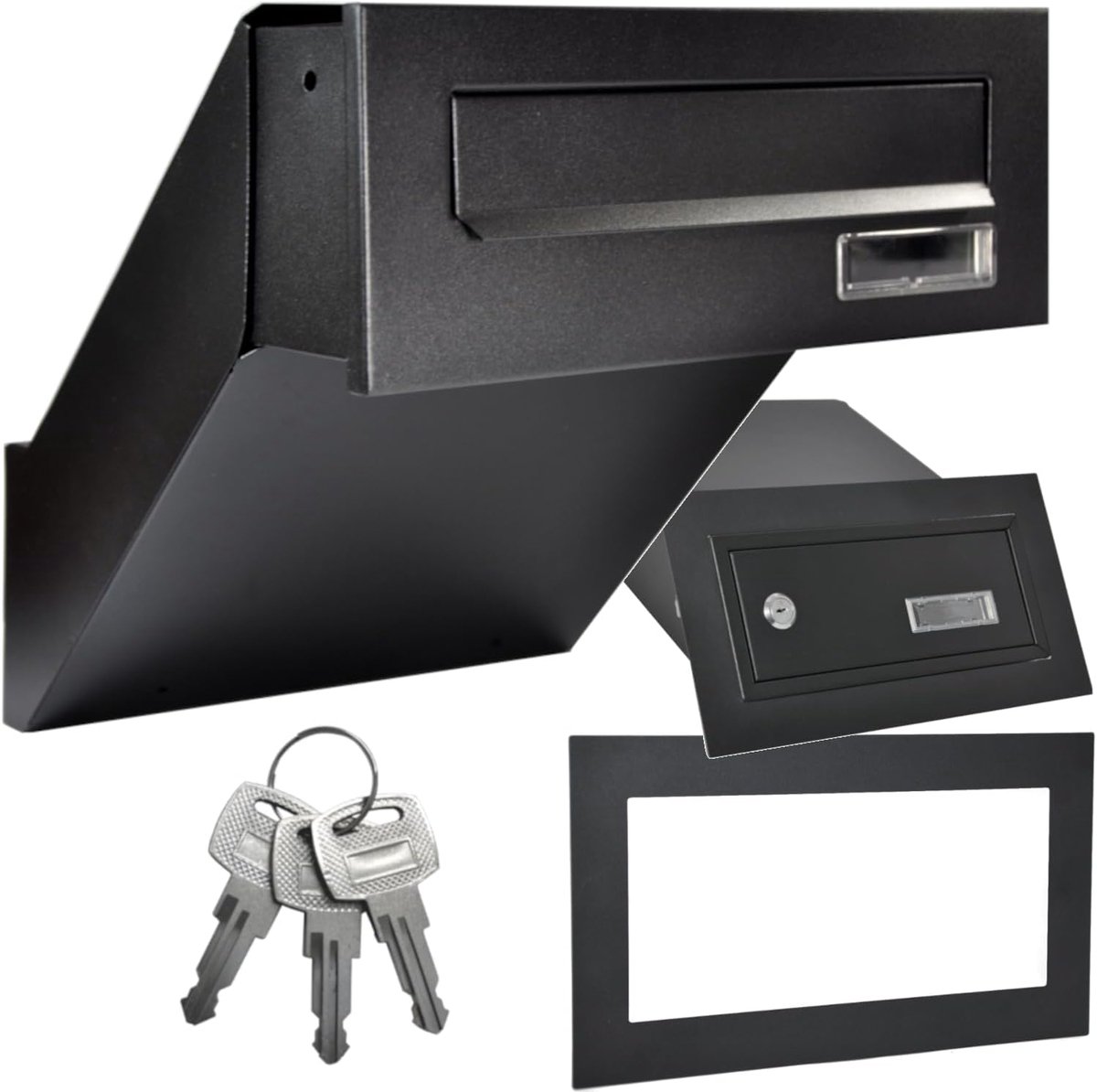 Muur doorvoer brievenbus zwart mat RAL 9017 met frame inbouwbrievenbus wanddikte 260-420 mm weerbestendig frontplaat 285×110 mm plaatstaal gepoedercoat A4 inwerp incl. 3 sleutels
