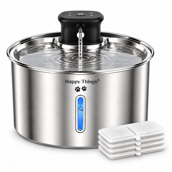 Happy Things® Drinkfontein Kat en Hond XL LED Kattenfontein 3Liter Incl. 6 Filters - 100% Geruisloos en 100% Kwaliteit - Waterfontein Kat - Verkoeling Hond/Kat - Dieren drinkbakken - Waterdispenser