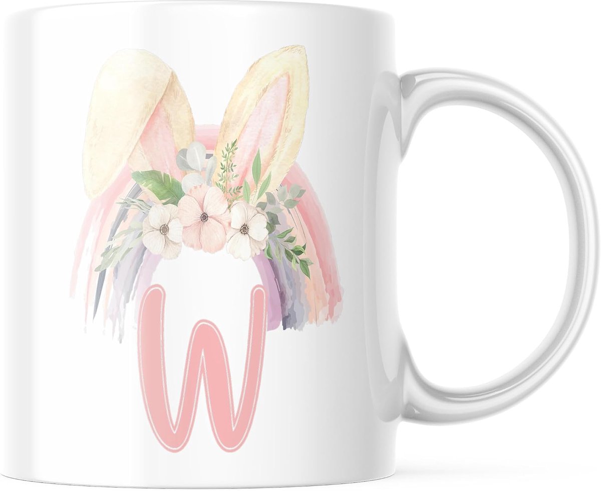 Konijnenoren 'W' Initiaal Mok - Aquarel Bloemen Regenboog Koffiekopje Cadeau