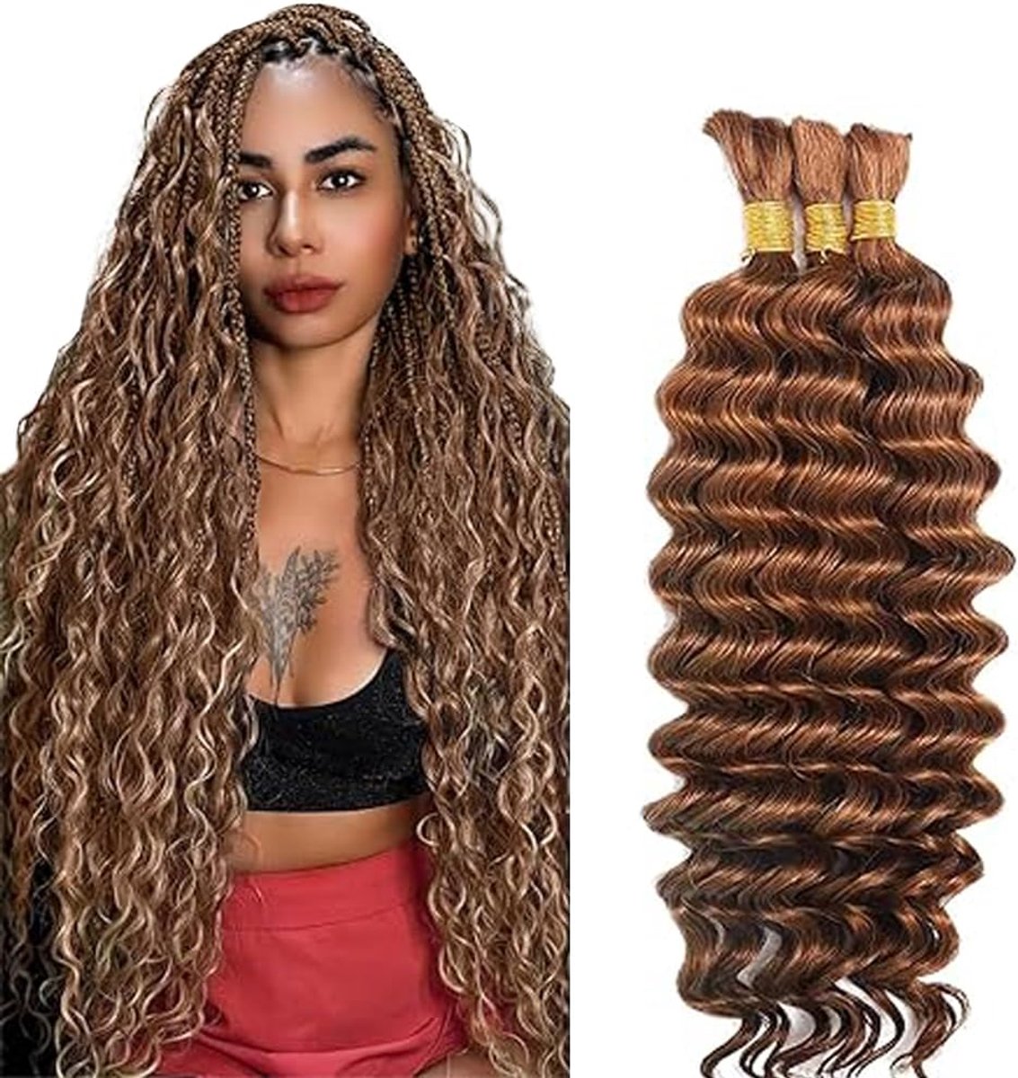 Wave Bulk Braiding Menselijk haar Bundles Unprocessed #30 Light Brown Human Hair Extensions For Boho Braids No Weft Curly Braiding Hair 50g/bundle Total 150g 22 22 22 Zoll