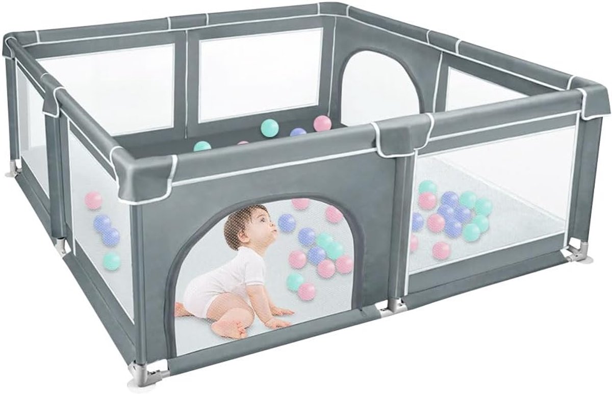 Box met deur, box voor puppy's of kleine honden, stevige omheining van dikke stof en zeer sterk nylon net, machinewasbaar, binnen en buiten, 180 x 150 x 66 cm, donkergrijs