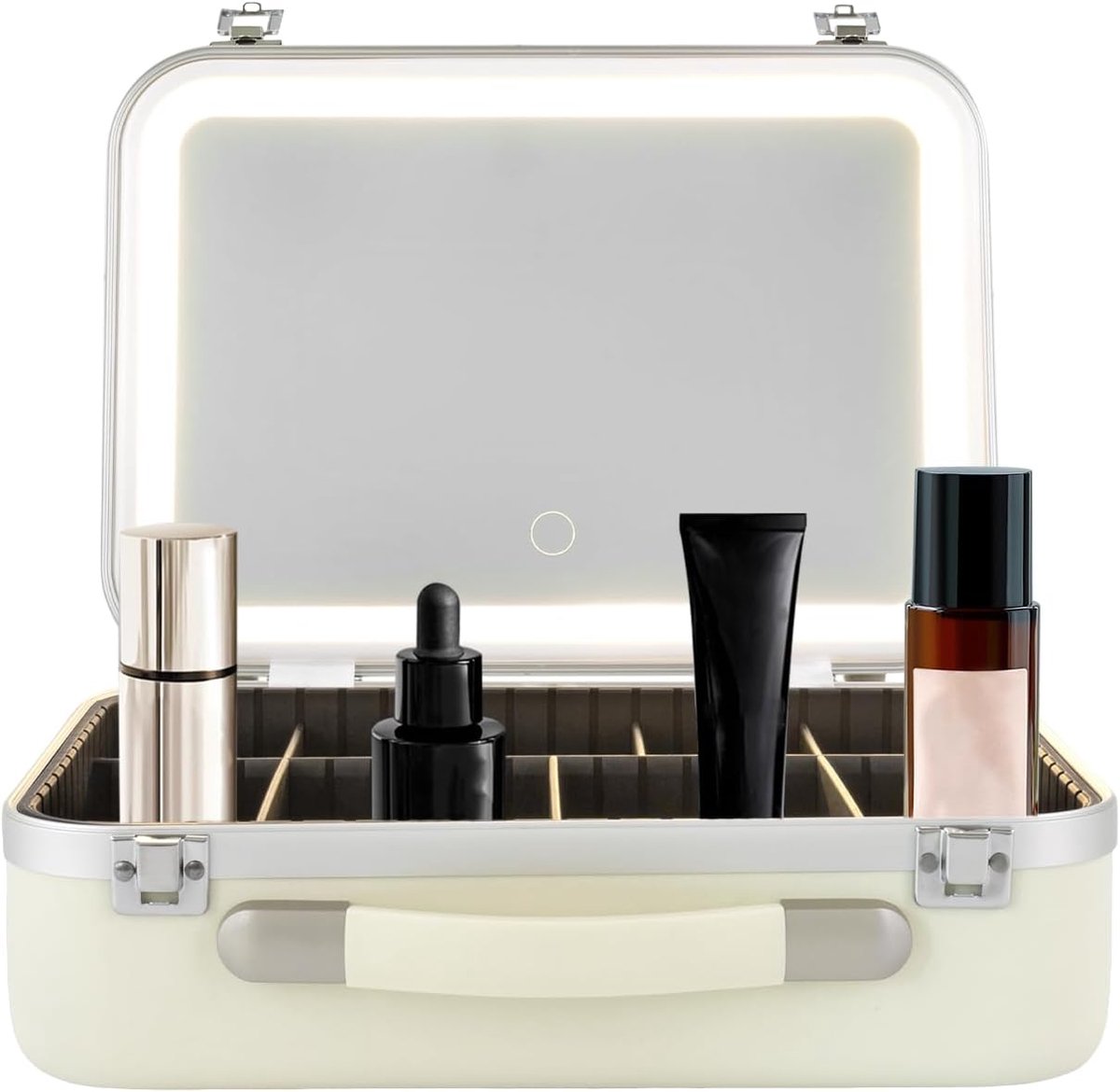 Make-uptas, make-up draagkoffer, cosmetica-organizerbox, reiscosmeticatas met verlichting en spiegel, make-uptas cosmeticakoffer met slot, wit, Make-upkoffer