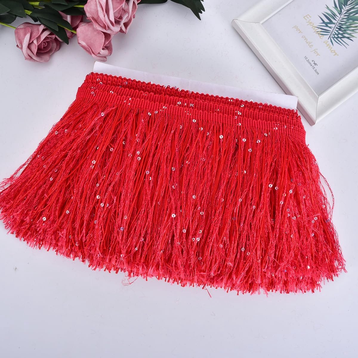 Bord met pailletten en pailletten, 15 cm breed, 4,57 m, polyester, kwastenrand voor Latijns-Amerikaanse dansen, podiumkleding, bruiloftsdecoratie en doe-het-zelf naaiaccessoires (rood)