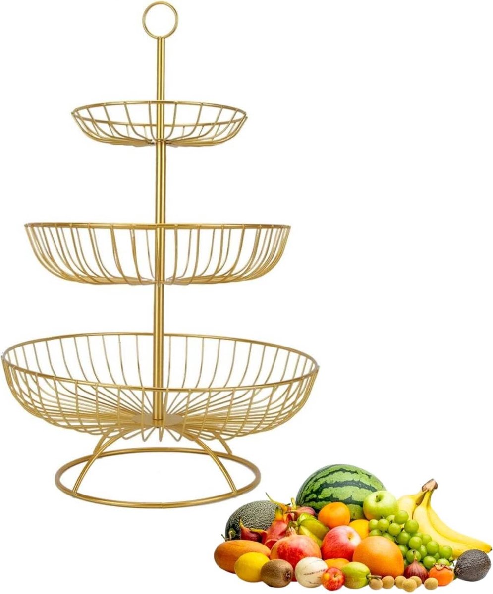 3-laags draad fruitmandstandaard, metalen gelaagde fruitmand Fruithouder Fruitschaal Serveermand voor fruitgroente-snacks(Goud)