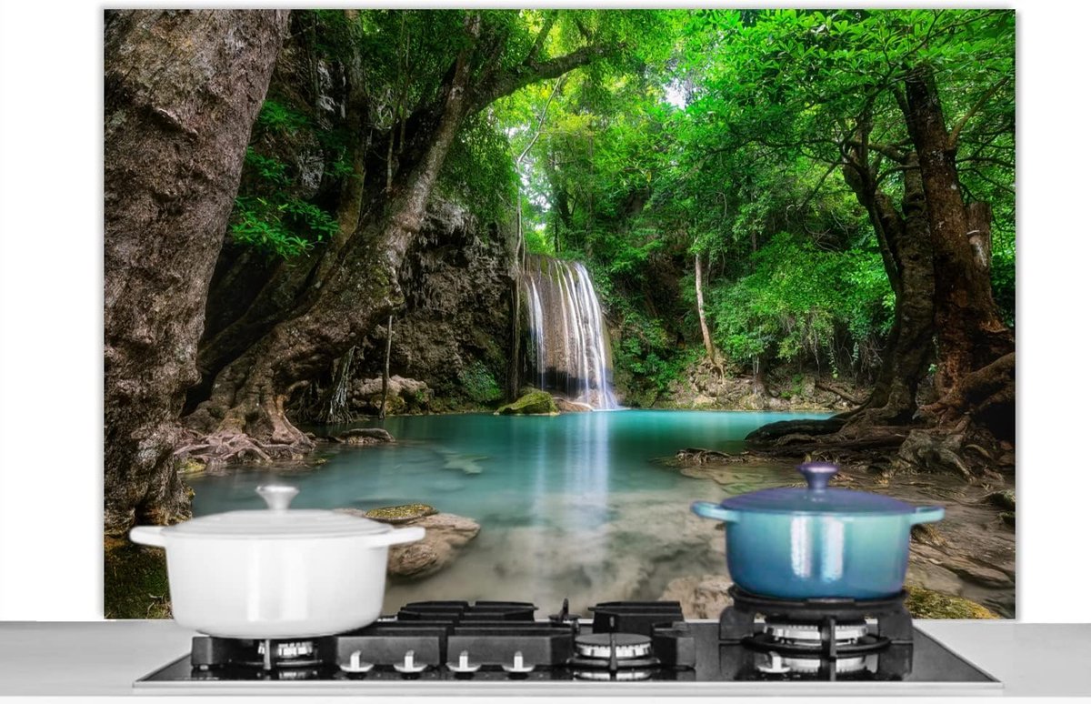 Spatscherm Keuken - 120x80 cm - Jungle - Waterval - Planten - Water - Natuur