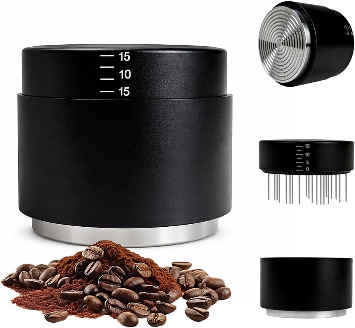 Tamper 53 mm, 3-in-1 koffieverdeler met WDT-gereedschap, instelbare diepte koffiestempel met gekalibreerde veer, professionele barista-espresso-accessoires (53 mm)