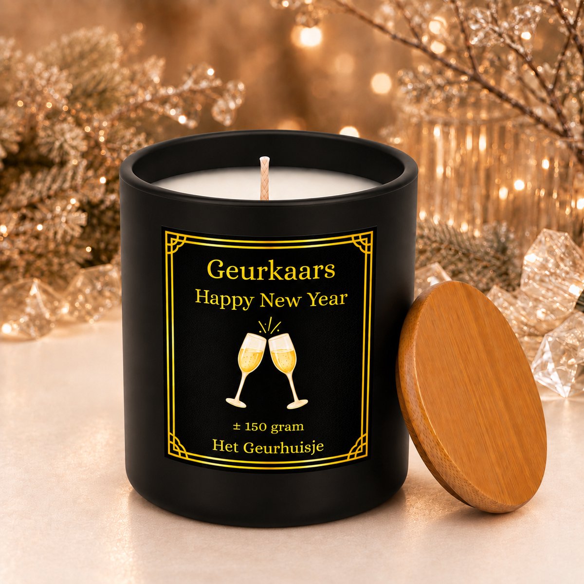 Luxe Happy New Year Geurkaars – ± 150 gram – Feestelijke Wintergeur – Glazen Pot met Bamboe Deksel - Dierproefvrij - Handgemaakt