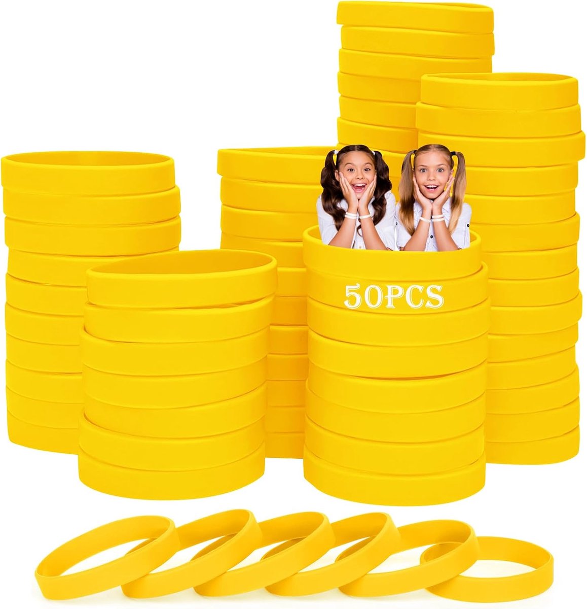 Polsbandjes, 50 stuks gele rubberen polsbandjes, blanco polsbanden, universele polsbandenset voor kinderen, tieners, sport, geschikt voor 8-12 jaar