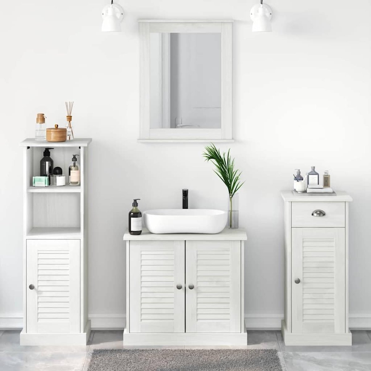 Badkamermeubelset 4-delig antiek wit massief grenen hout met spiegel en opbergruimte voor badkamer