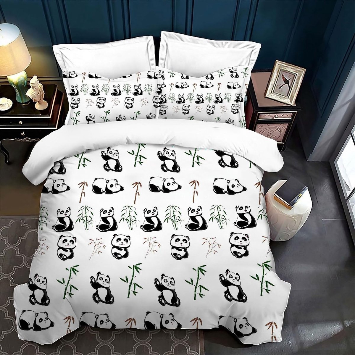 Beddengoed voor kinderen, 135 x 200 cm, karikatuur panda en bamboemotief, dekbedovertrek, 3D-panda, dierenmotief, dekbedovertrek voor meisjes en jongens (B, 135 x 200 cm)