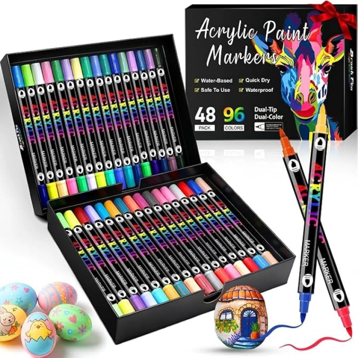 Acrylstiften Set 48 Stuks Dubbele Punt Verfmarkers - Sneldrogend, Watervast, Niet-Toxisch - Voor Stenen, Hout, Glas, Stof, Canvas - Voor Volwassenen en Kunstenaars