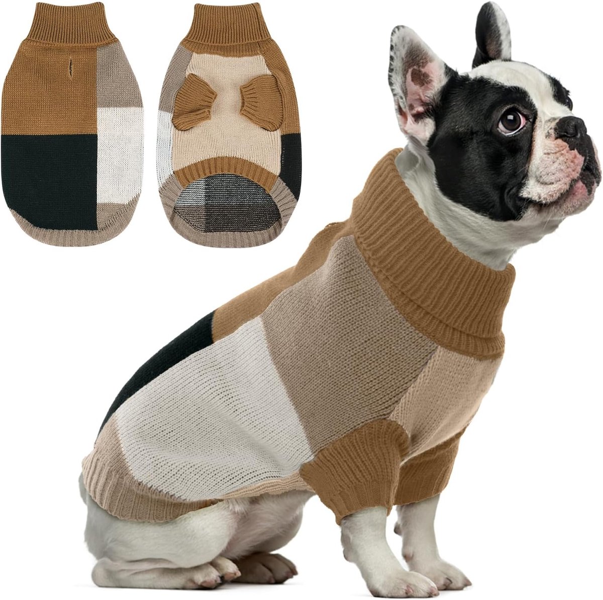 Hondentrui voor kleine honden, gebreide hondentrui, warm, voor de winter, met harnasgat en rolkraag, gezellige hondentrui voor Kerstmis, Shih Tzu, Mops, Mokka Blend M