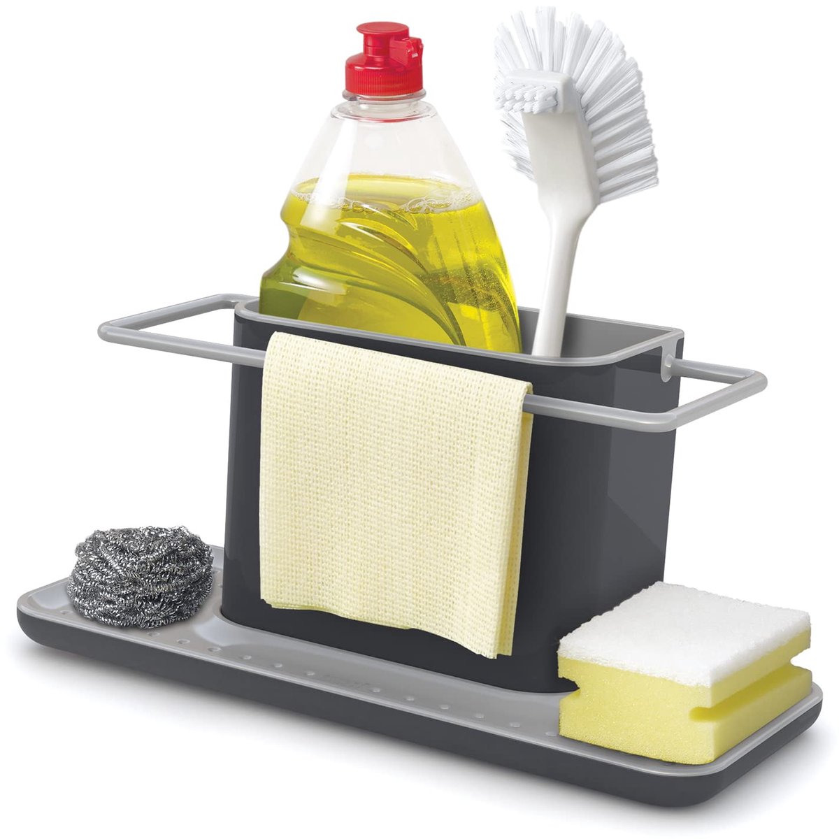 Famanu – Caddy - Gootsteenhouder met geïntegreerd afdruiprek, houder voor spons, borstel, afwasmiddel en vaatdoek, verwijderbaar, Groot, Grijs