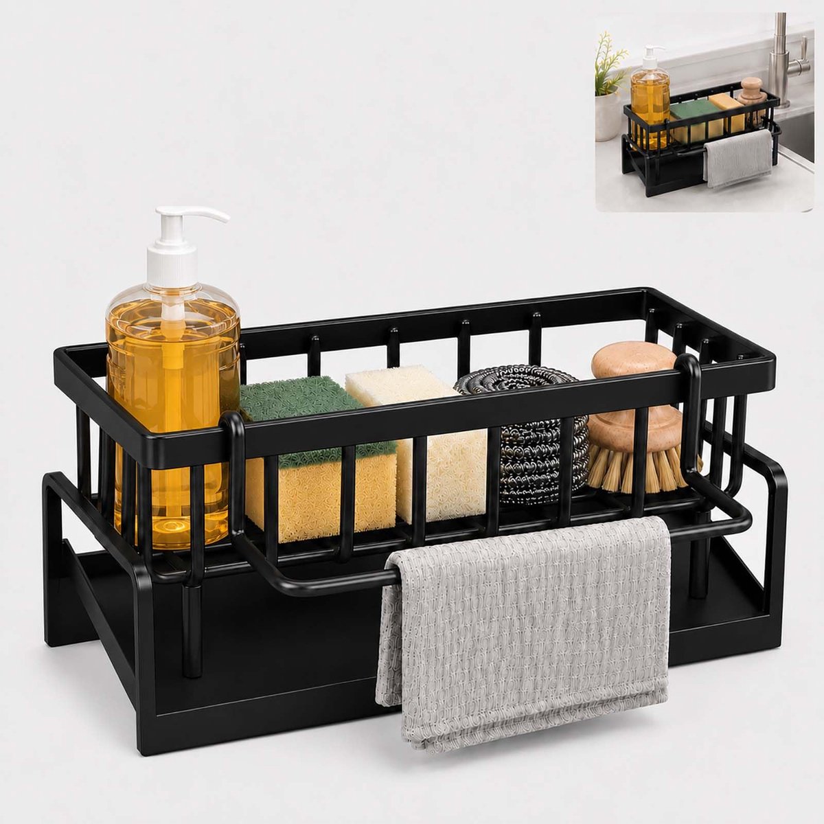 Famanu – Gootsteenorganizer, gootsteenhouder, koolstofstalen sponshouder met afneembare vaatdoekhanger, organiseert sponzen, vaatdoeken en gootsteenaccessoires voor keuken en badkamer, zwart