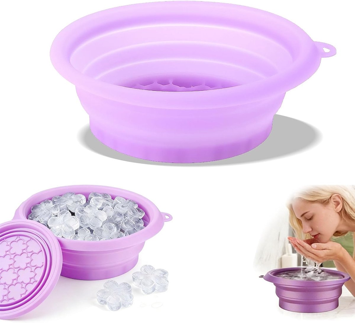 Ice Bath Bowl, 29,5 x 23 x 10 cm, opvouwbare ijsblokjes voor gezicht, ijsbadkom, siliconen ijsbad voor het gezicht, voor thuisgebruik (paars)