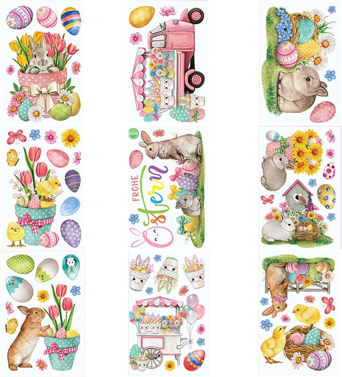 Raamstickers voor Pasen, 9 stuks, pvc, decoratie, zonder lijm, waterdicht, voor ramen, deuren, muur, kinderkamer, hazen, eieren, bloemen, lentedecoratie