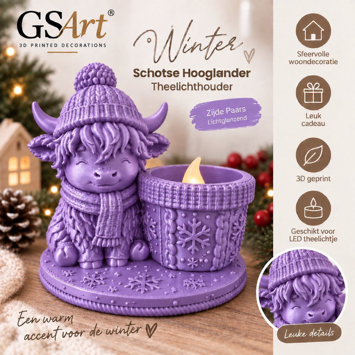 GSArt Theelichthouder Schotse Hooglander Winter – inclusief LED-kaarsje - Zijde Paars