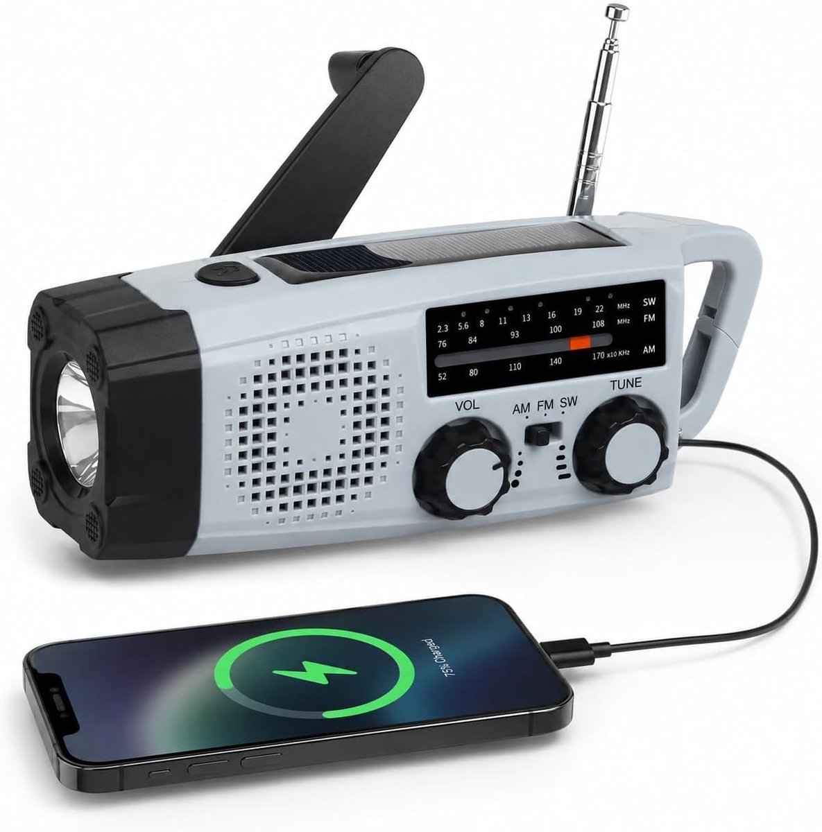 Noodradio, oplaadbaar, 2000 mAh, AM/FM-radio op zonne-energie met zwengel, met led-zaklamp en USB-oplader, SOS-alarm, voor kamperen, stroomuitval, survival