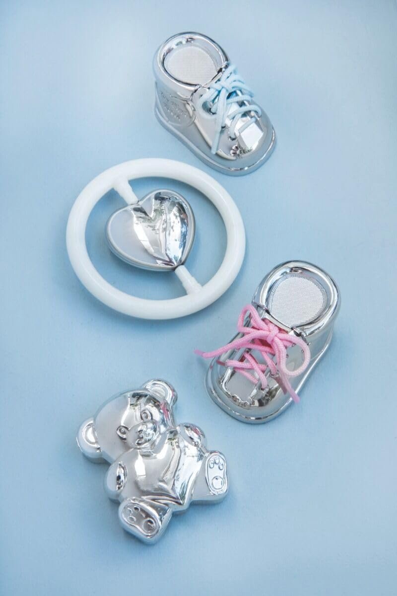 Melktandendoosje zilver met gravure van metaal verzilverd, aanslagvrij met roze en blauwe veters, tanddoos met naam, babytandendoosje voor melktanden, voor jongens en meisjes