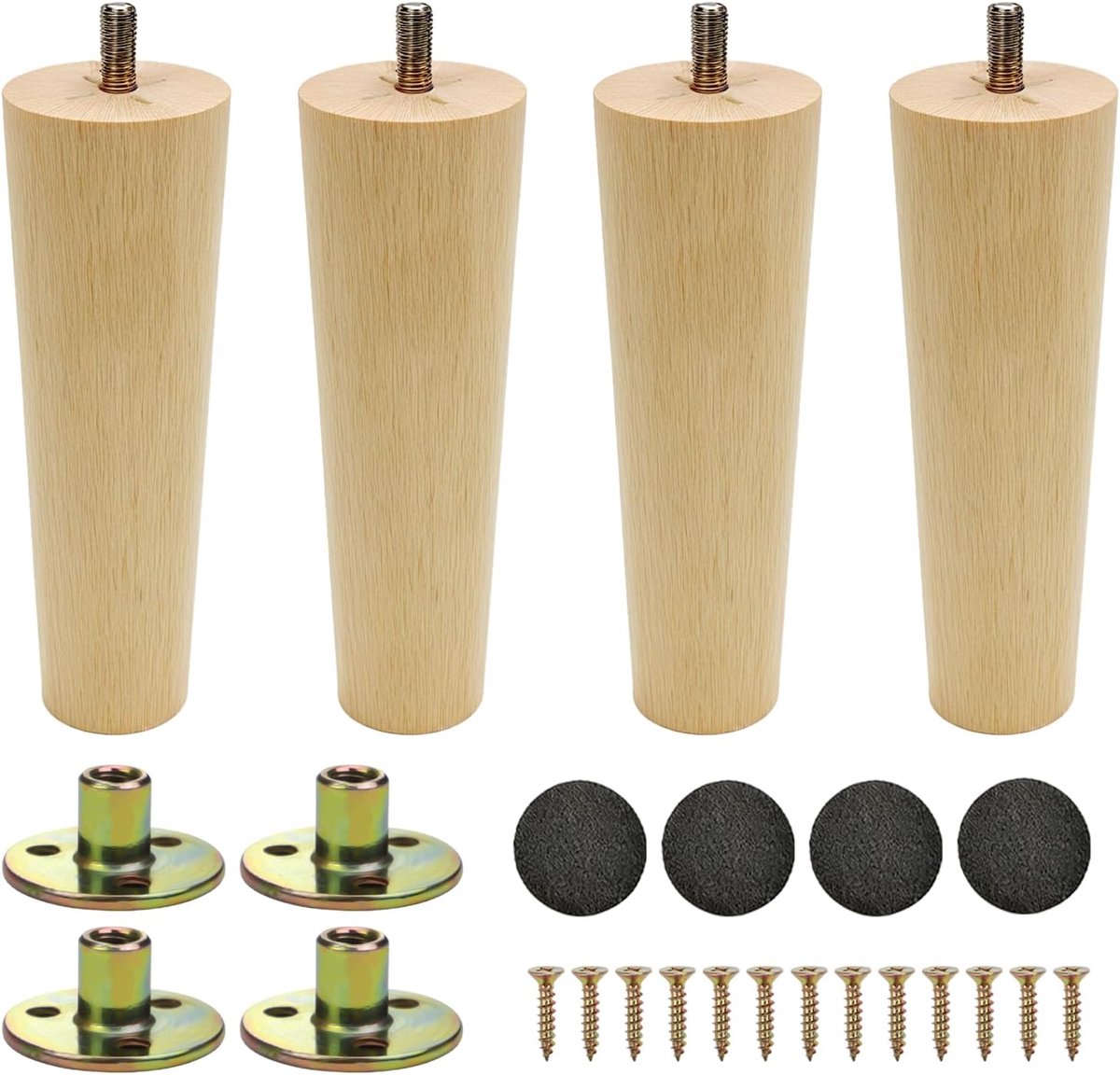 Poten, 12 cm, 4 stuks, massief houten meubelpoten met montageplaat en viltglijders, voor bank, tafel, kast, bed
