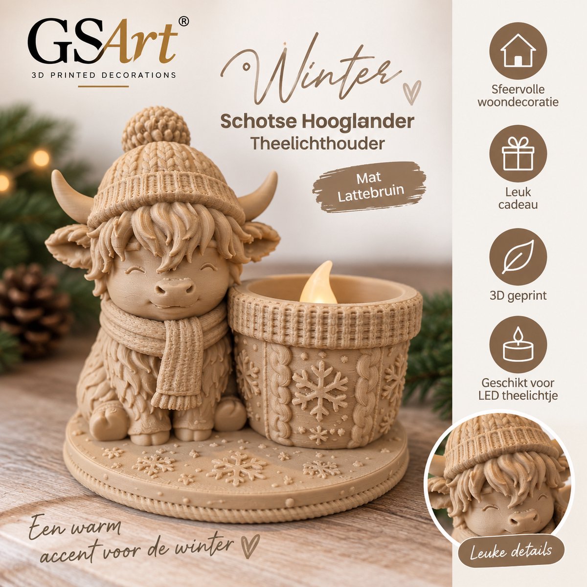 GSArt Theelichthouder Schotse Hooglander Winter – inclusief LED-kaarsje - Mat Lattebruin