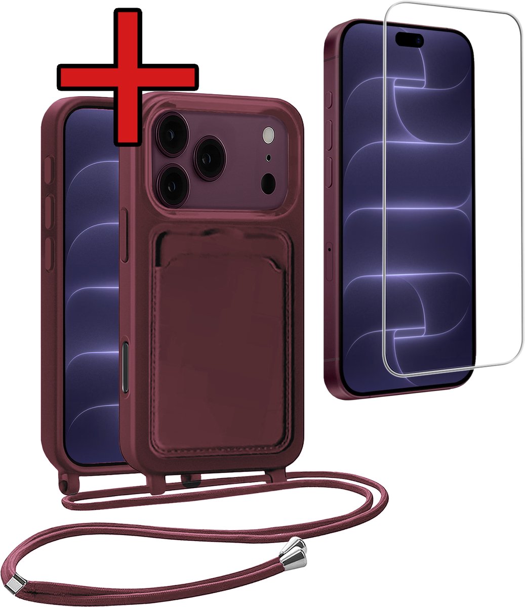 Hoesje Geschikt voor iPhone 18 Pro Max Hoesje Siliconen Case Met Koord Met Screenprotector - Hoes Geschikt voor iPhone 18 Pro Max Hoesje Backcover Met Telefoonkoord - Aubergine