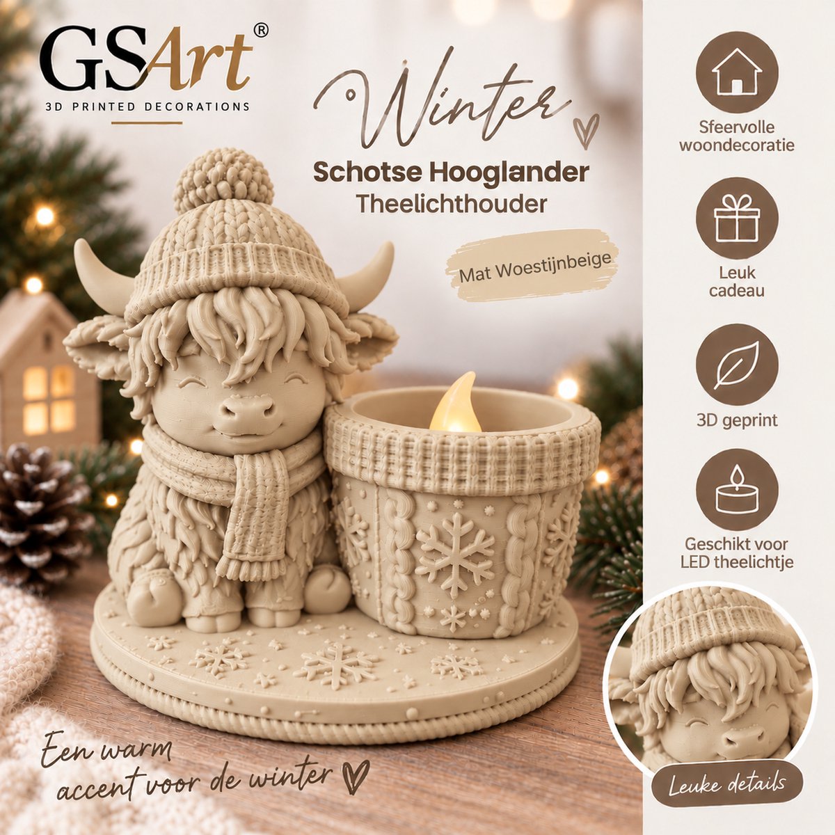 GSArt Theelichthouder Schotse Hooglander Winter – inclusief LED-kaarsje - Mat Woestijnbeige
